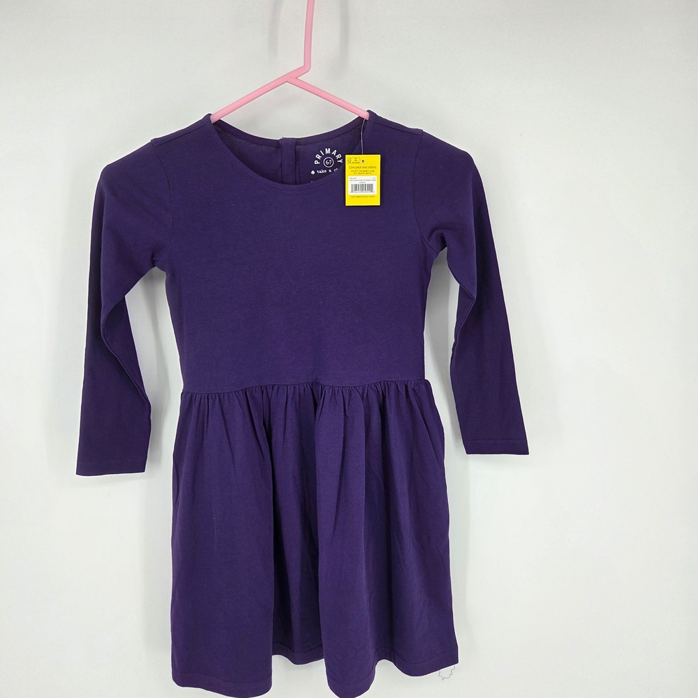 Primary Kids Grape Purple Long Sleeve Pocket Dress Cotton Jersey Size 6-7 NWT